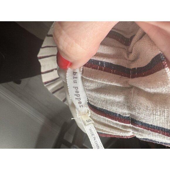 Striped Cotton Linen Blend Knee-Length Skirt With Button Front & Tie Waist‎ - Picture 4 of 6